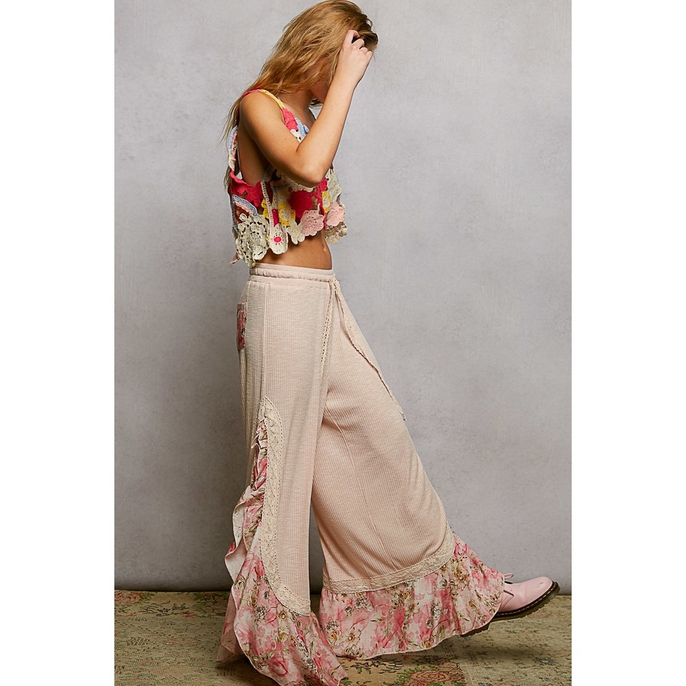 POL Floral Ruffle Waffle Knit Palazzo Pants Women's Pink Size Small - Picture 2 of 6